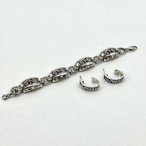 Brighton Fashion Silvertone Bracelet & Earrings Intricate Details & Rhinestones